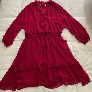 Woman's Plus Long Sleeve Sheer Ruffle Dress V Neck Button Mid Knee Length 2X